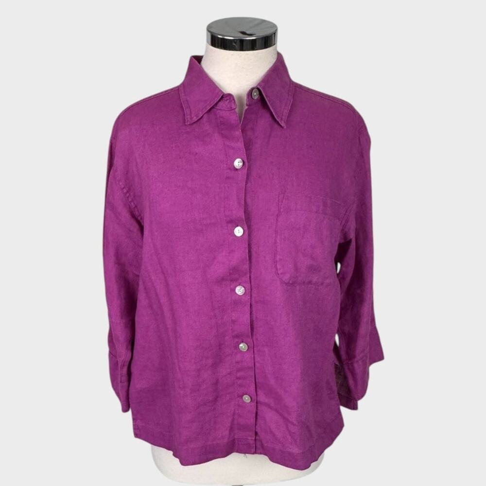 Chico's Design 100% Linen Size 0 Small Purple Button Front Collared Shirt